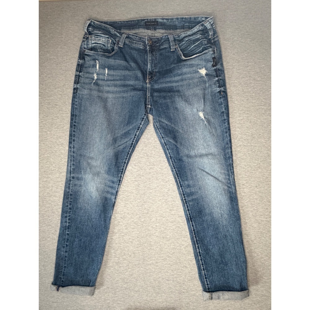 Silver Jeans Co Girlfriend Mid Rise Distressed Slim Jeans Blue SZ 18 L29 W27137 - Picture 2 of 8